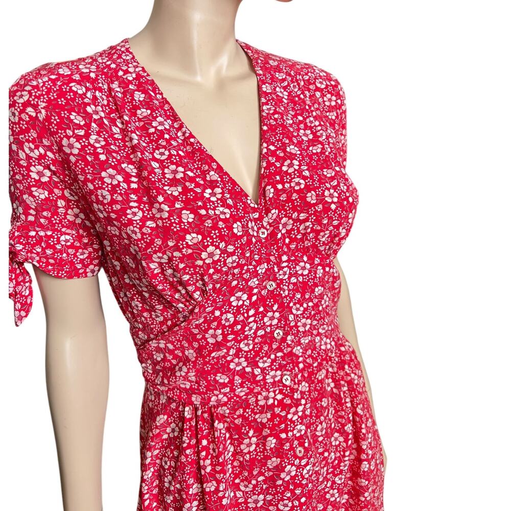 Rouje Laura Midi Dress Red Floral Print Sz 36 Short Sleeves V-Neck 100% Viscose - Picture 12 of 16